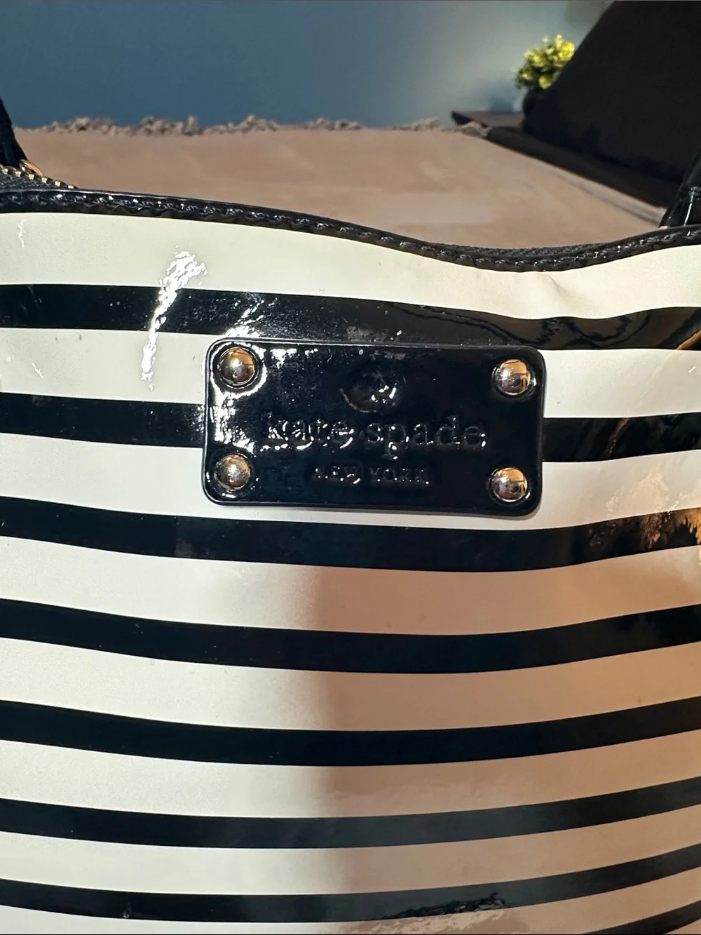 EUC kate ♠️ spade Black & White Striped Patent Satchel w/Matching Wallet ♠️